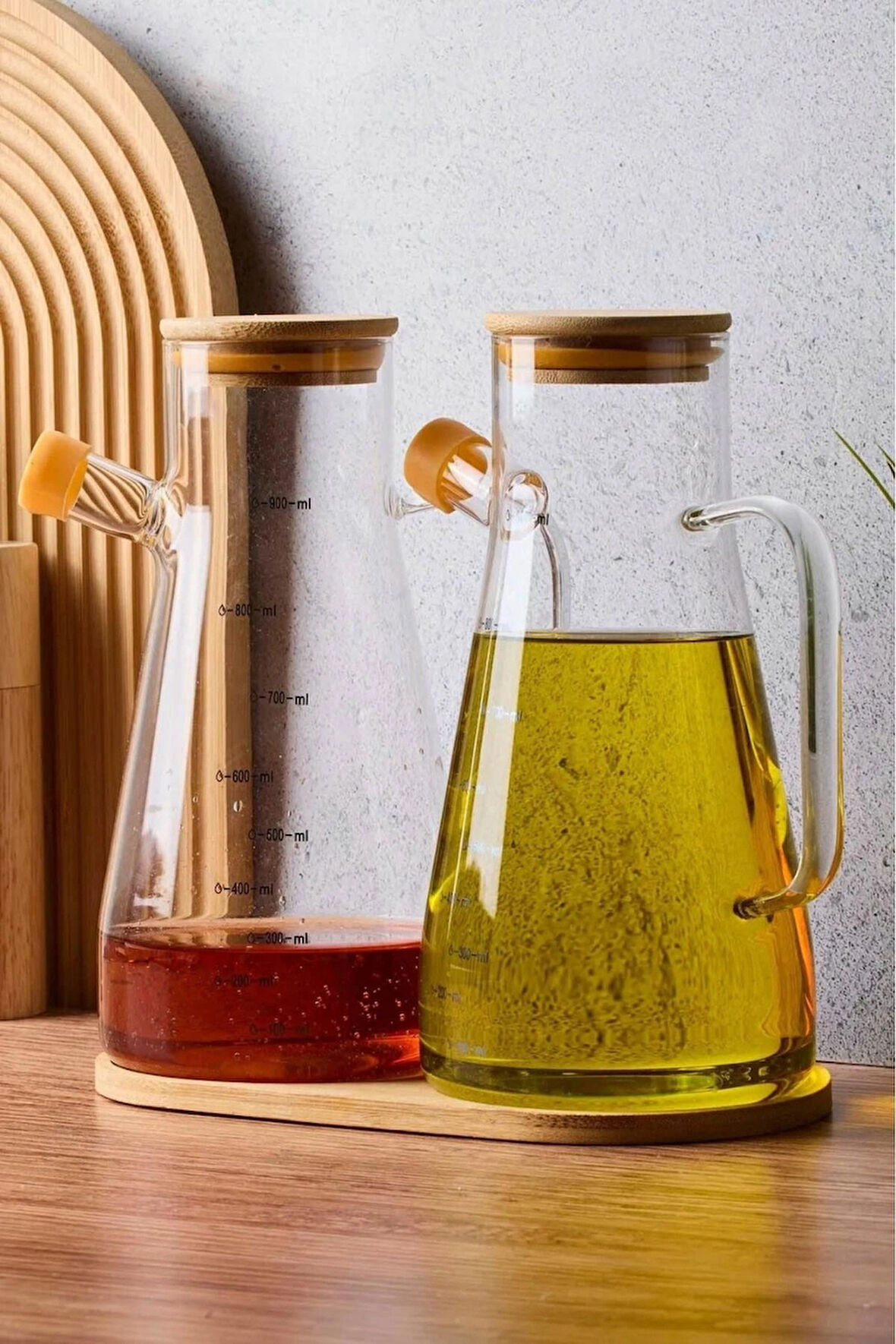 Dekorasyaa 2'li Cam Bambu Kapaklı Tepsili Yağdanlık 900ml