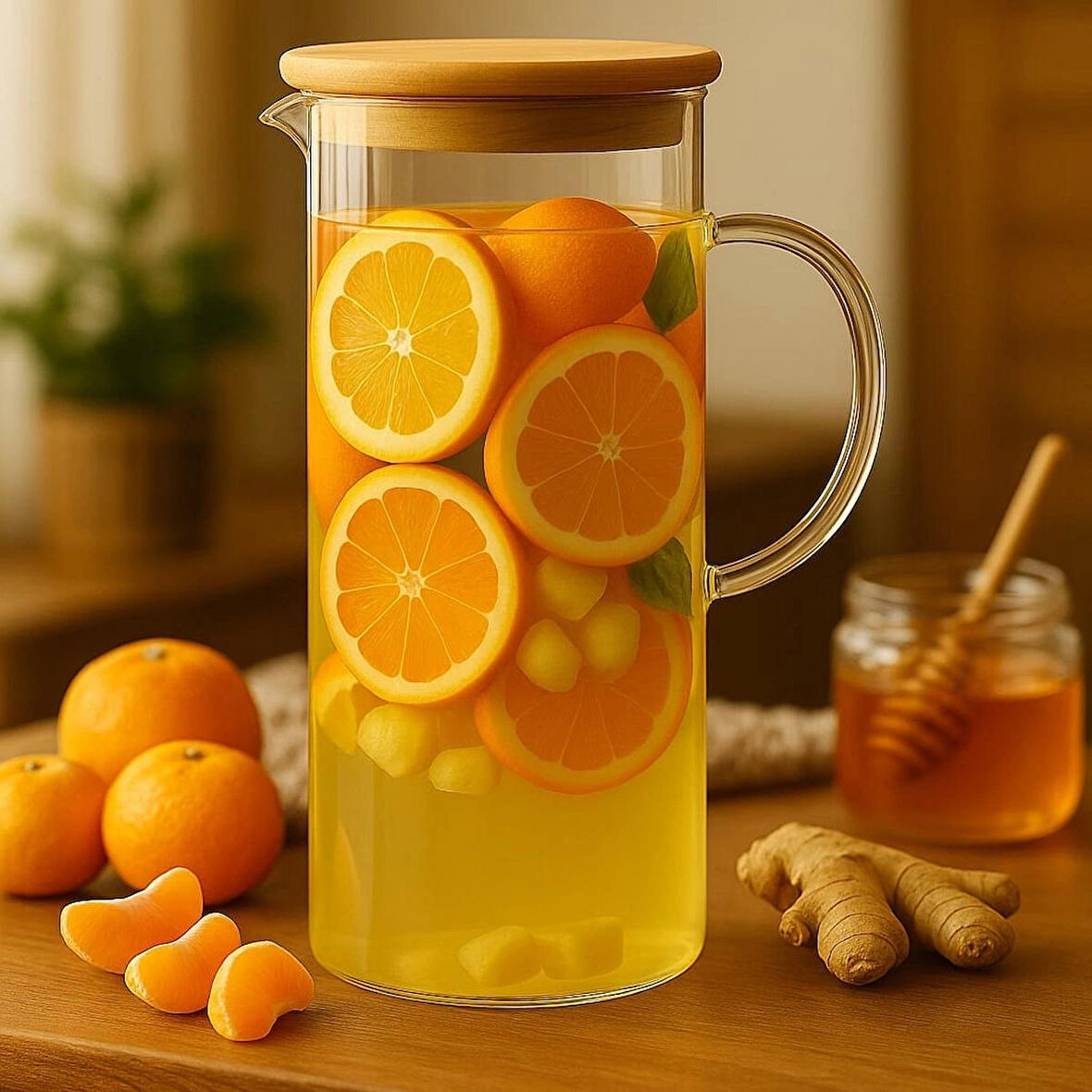 Dekorasyaa Borosilikat Cam Sürahi Bambu Kapaklı 1500ml