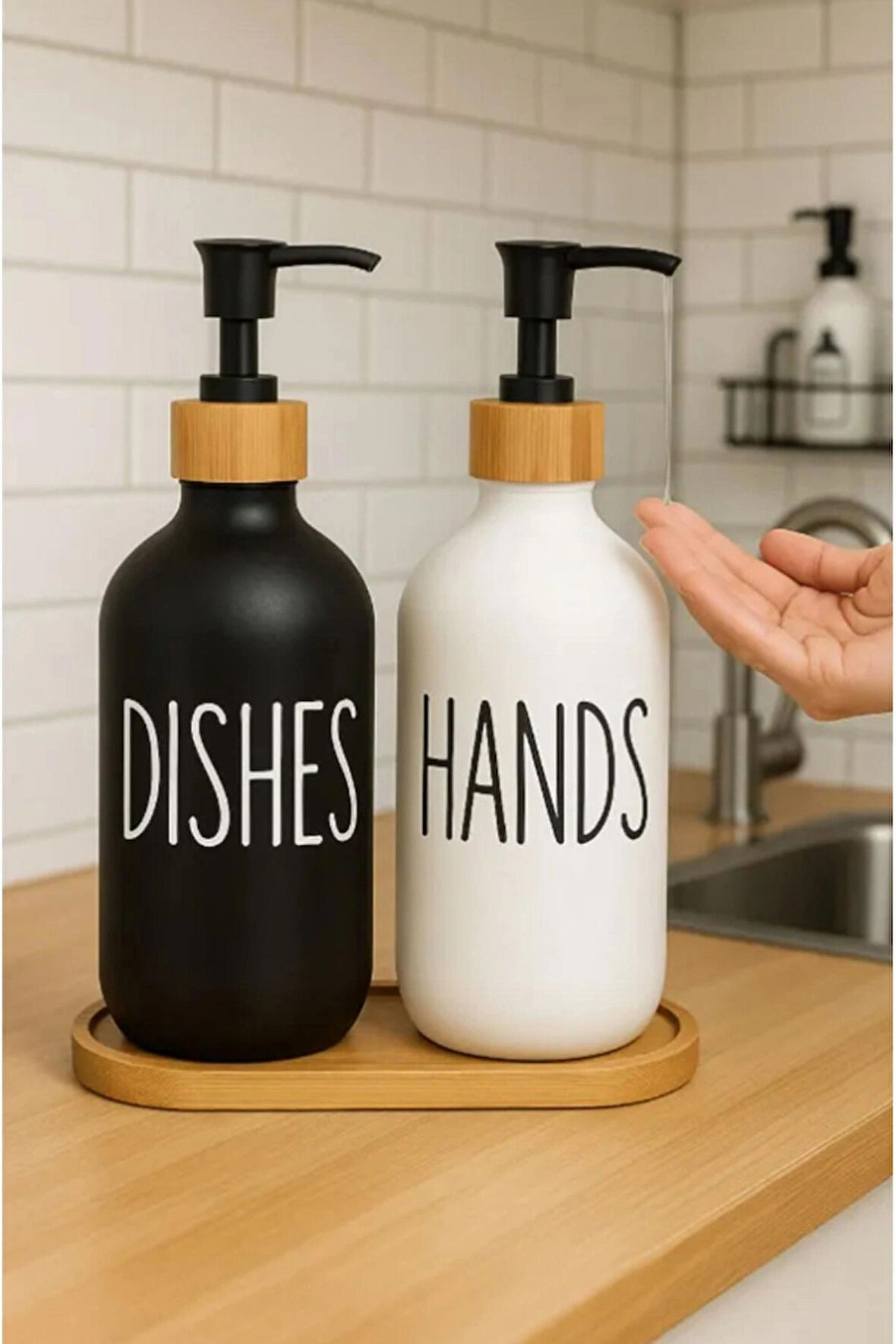 Dekorasyaa 2li Siyah Beyaz Cam Sıvı Sabunluk 500ml - Bambu Stantlı