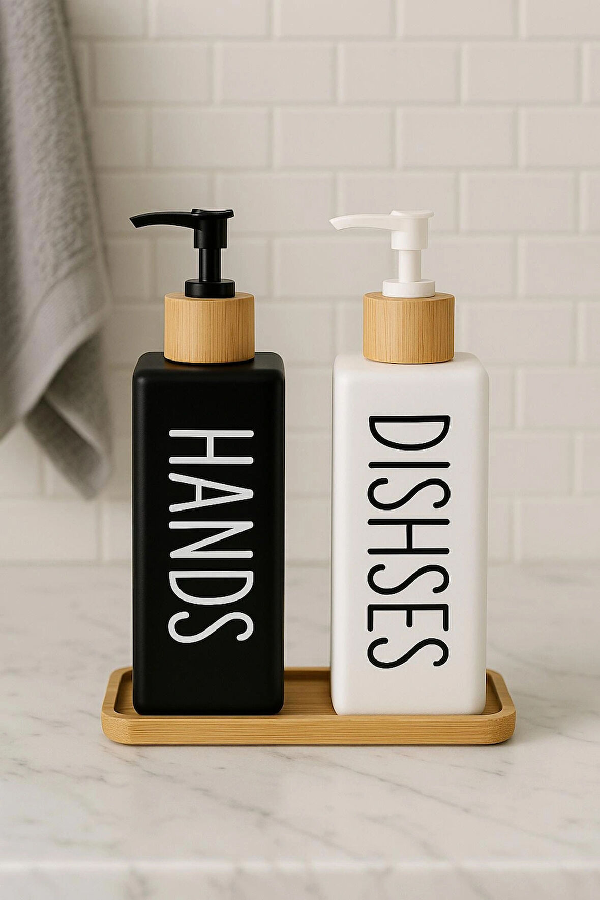 Dekorasyaa 2li Dikdörtgen Cam Sıvı Sabunluk 380ml - Bambu Stantlı