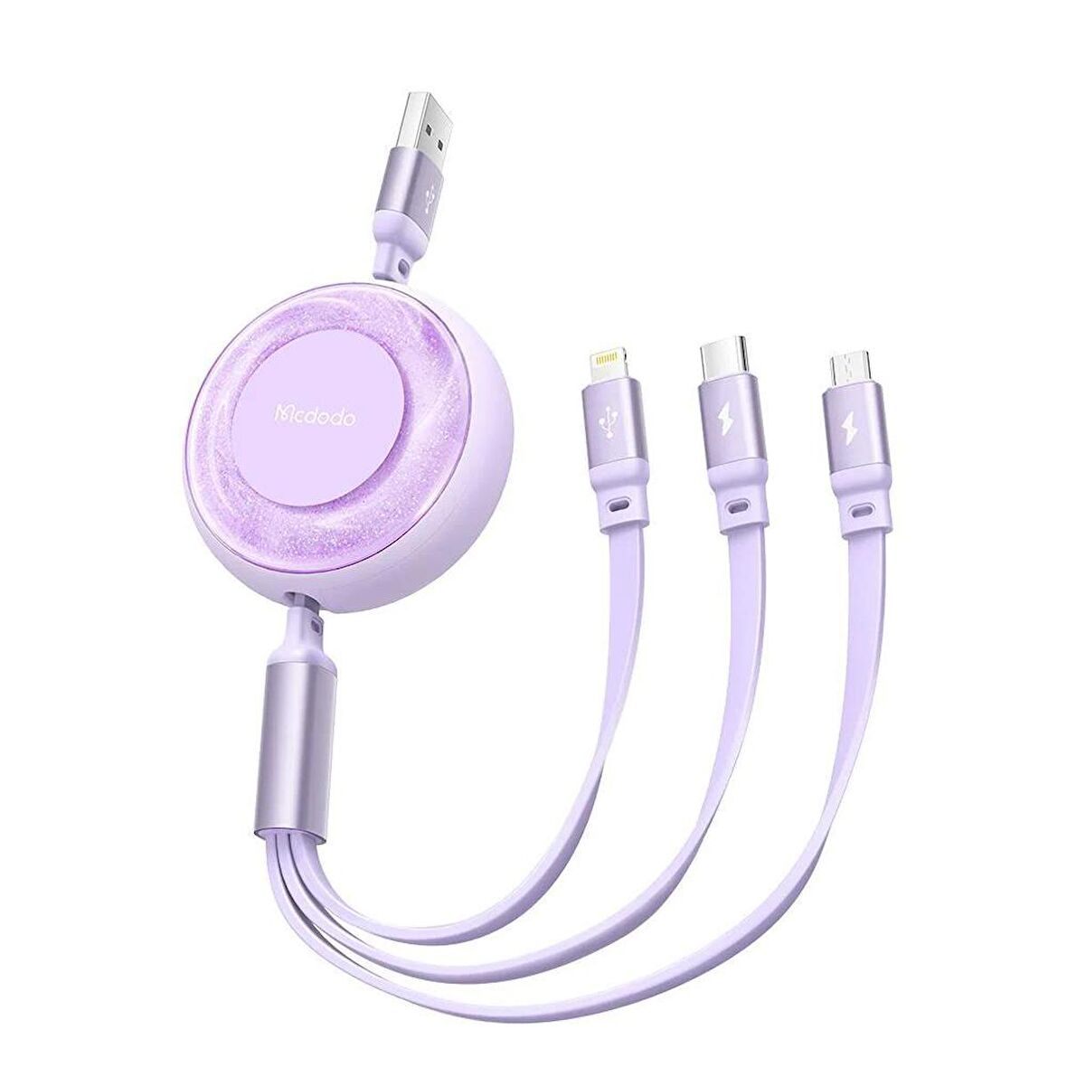 Mcdodo 3in1 Makaralı Lightning+Micro+Type-C Şarj ve Data Kablosu Mor 1.2M