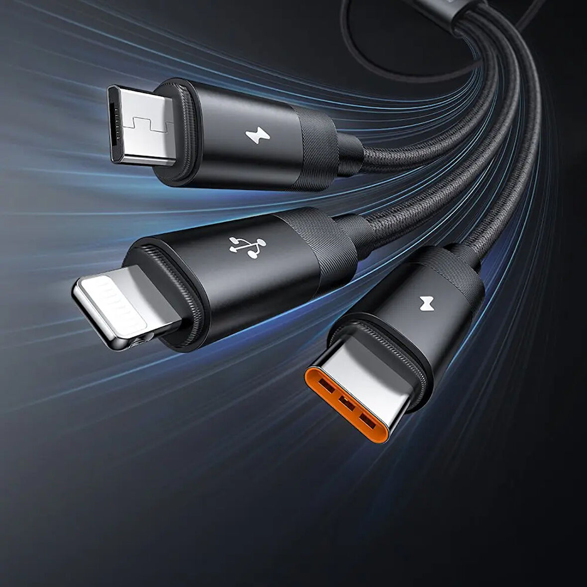 MCDODO CA-5790 3'ü 1 arada USB-A'dan USB-C'ye + Lightning + Mikro USB Şarj ve Veri  aktarım Kablosu 1,2 M