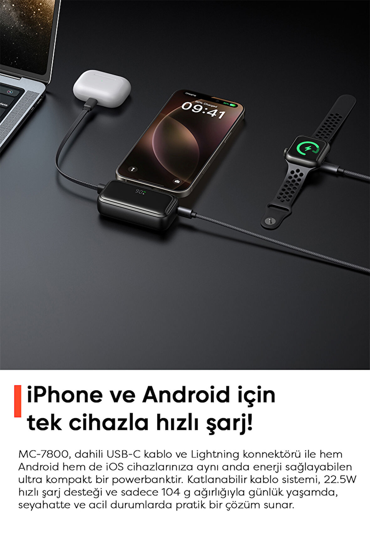 MC-7800 5000mAh 22.5W Dahili Kablo ve Lightning Konnektörlü Mini Powerbank