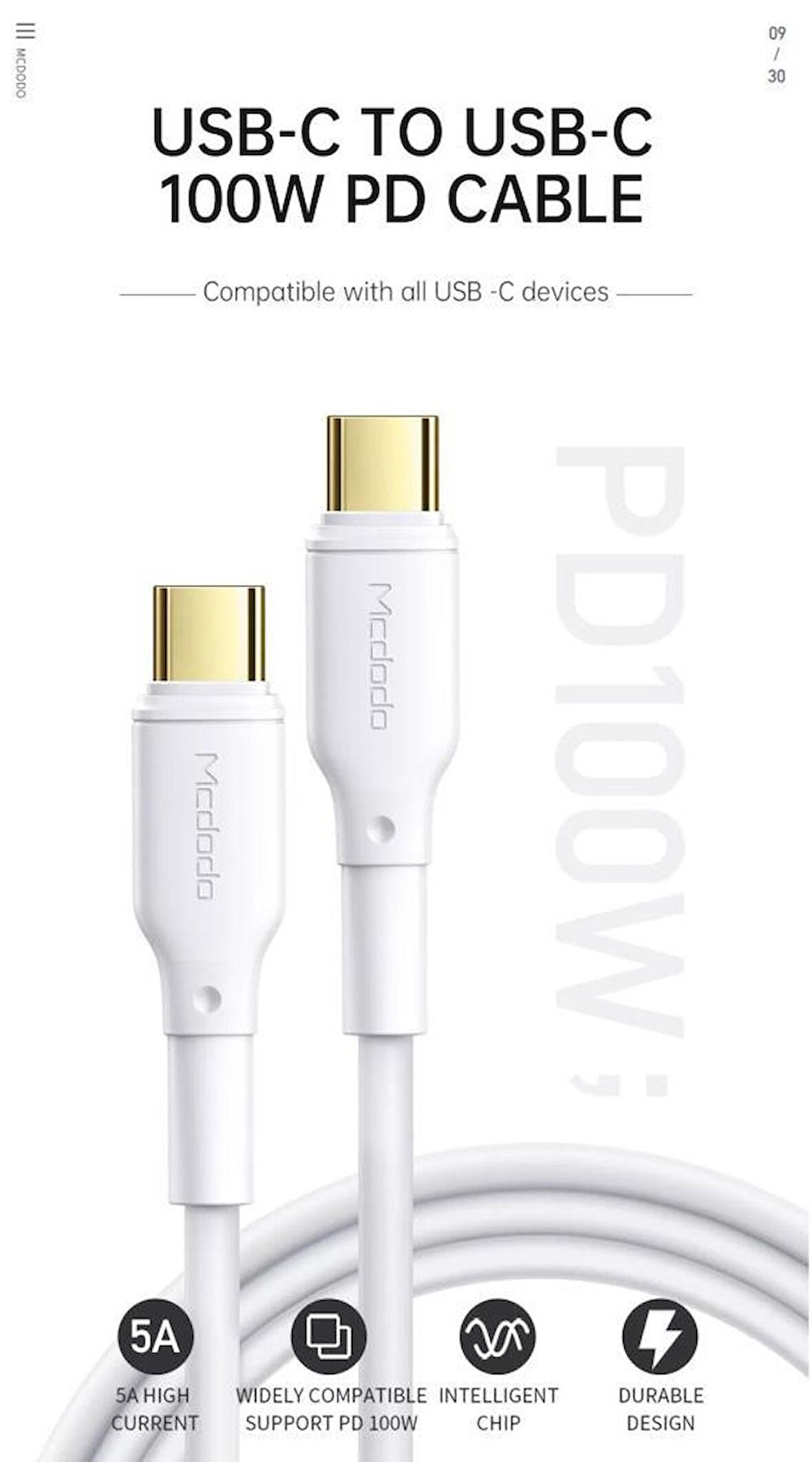 Mcdodo 100W TypeC TypeC Macbook Hızlı Şarj Kablosu 5A CA-8350 Beyaz