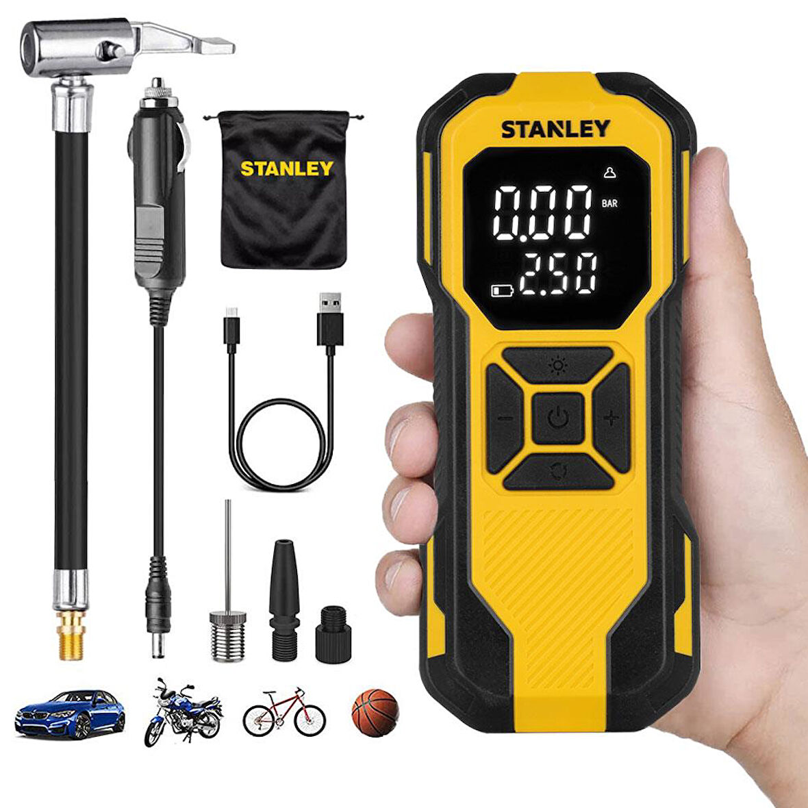 STANLEY SXIF0101 12V / Şarjlı Li-ion 150 PSI Dijital Göstergeli Akıllı Lastik Şişirme Pompası+ Powerbank + SOS + Led Lamba