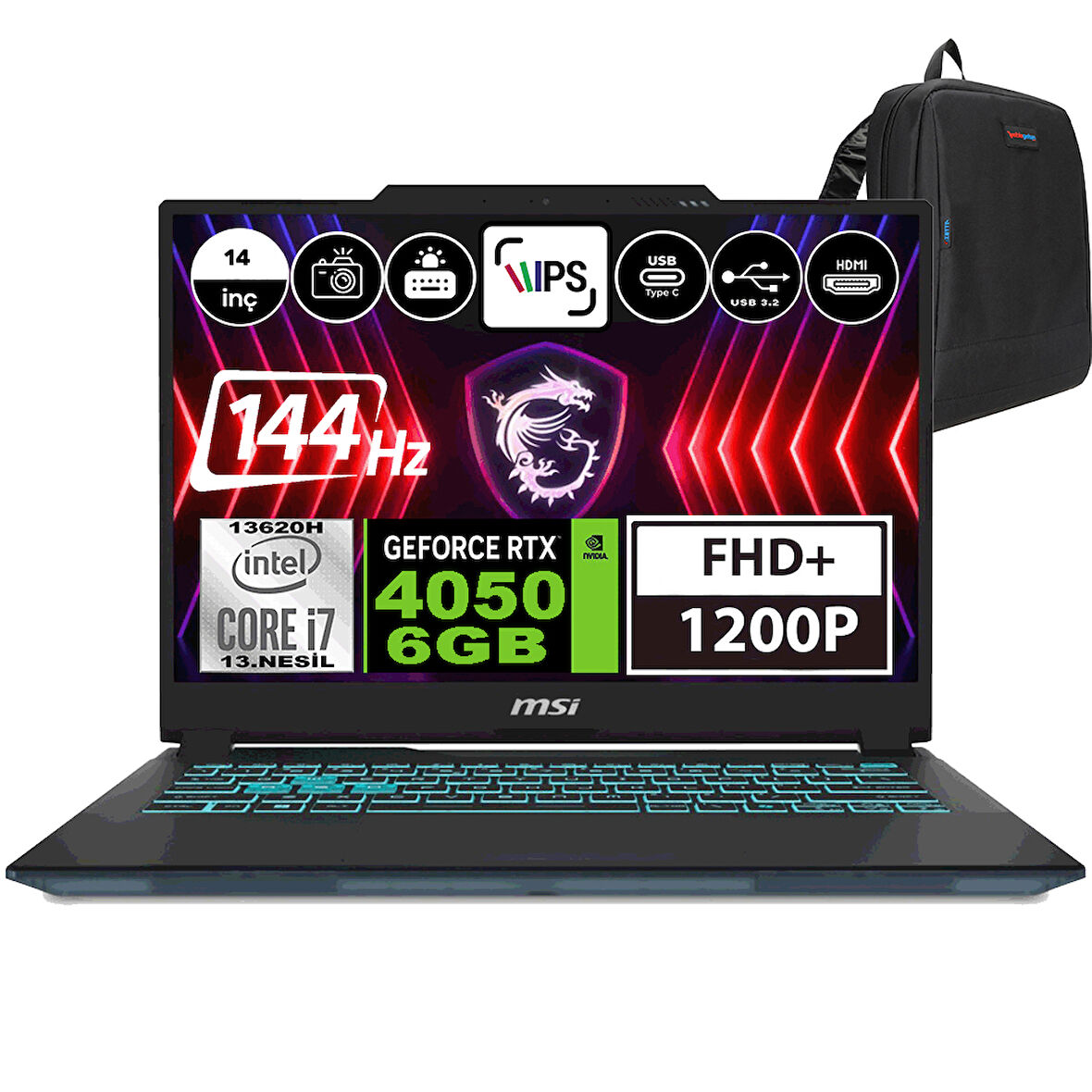 Msı Cyborg 14 Intel Core I7 13620H 96GB 512GB SSD RTX4050-6GB Windows 11 Home 14" Fhd+ 144Hz Taşınabilir Bilgisayar A13VE054XTRWH09 + Zetta Çanta