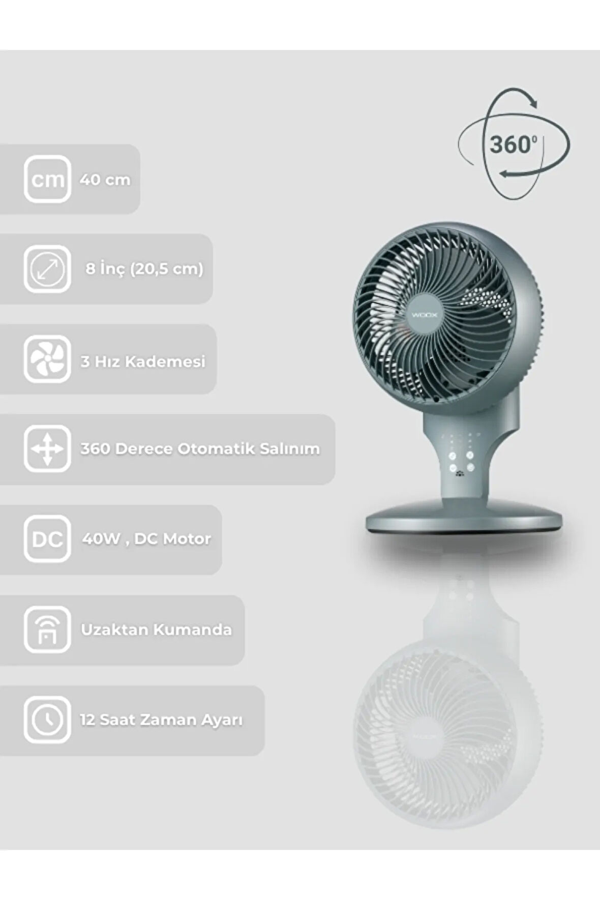 8'' 360 Derece Salınımlı Uzaktan Kumandalı Dokunmatik Ekran 40 cm Zaman Ayarlı Masaüstü Vantilatör