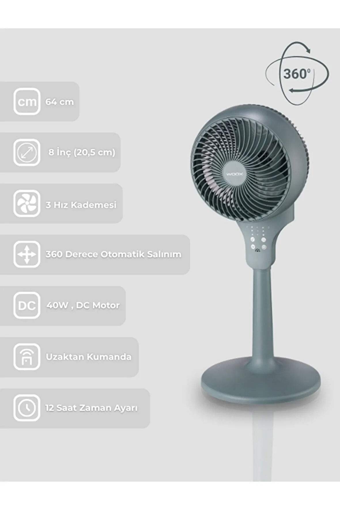 8 inch 360 Derece Salınımlı Uzaktan Kumandalı Dokunmatik Ekran 64 cm Zaman Ayarlı Ayaklı Vantilatör