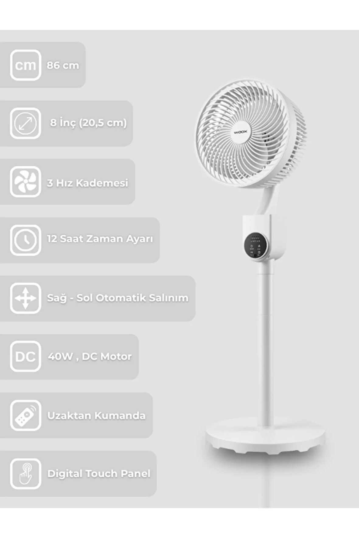 8 Inch Otomatik Sağ Sol Salınımlı Uzaktan Kumandalı Dokunmatik Ekran 86 Cm Zaman Ayarlı Vantilatör