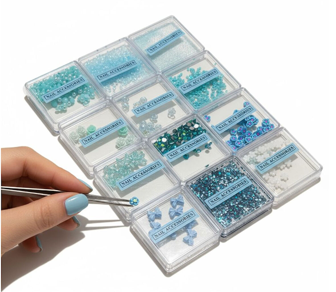 Mavi Nail Art Tırnak Süsleme Seti 12 Bölmeli | Boncuk, Çiçek, Kurdele, Pul ve Parıltı