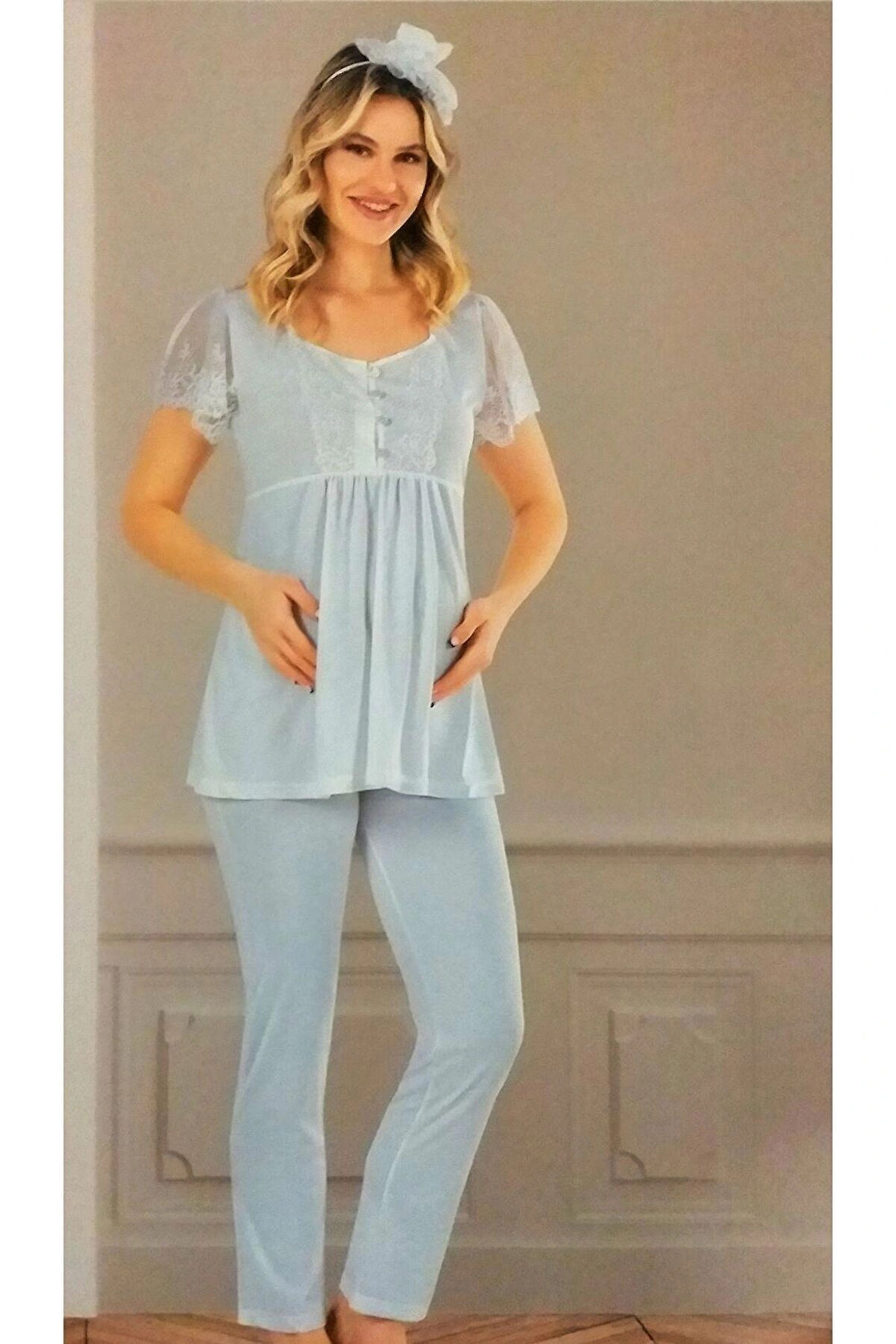 ZEN Dantel Detay Kısa Kollu Hamile Pijama Takımı 