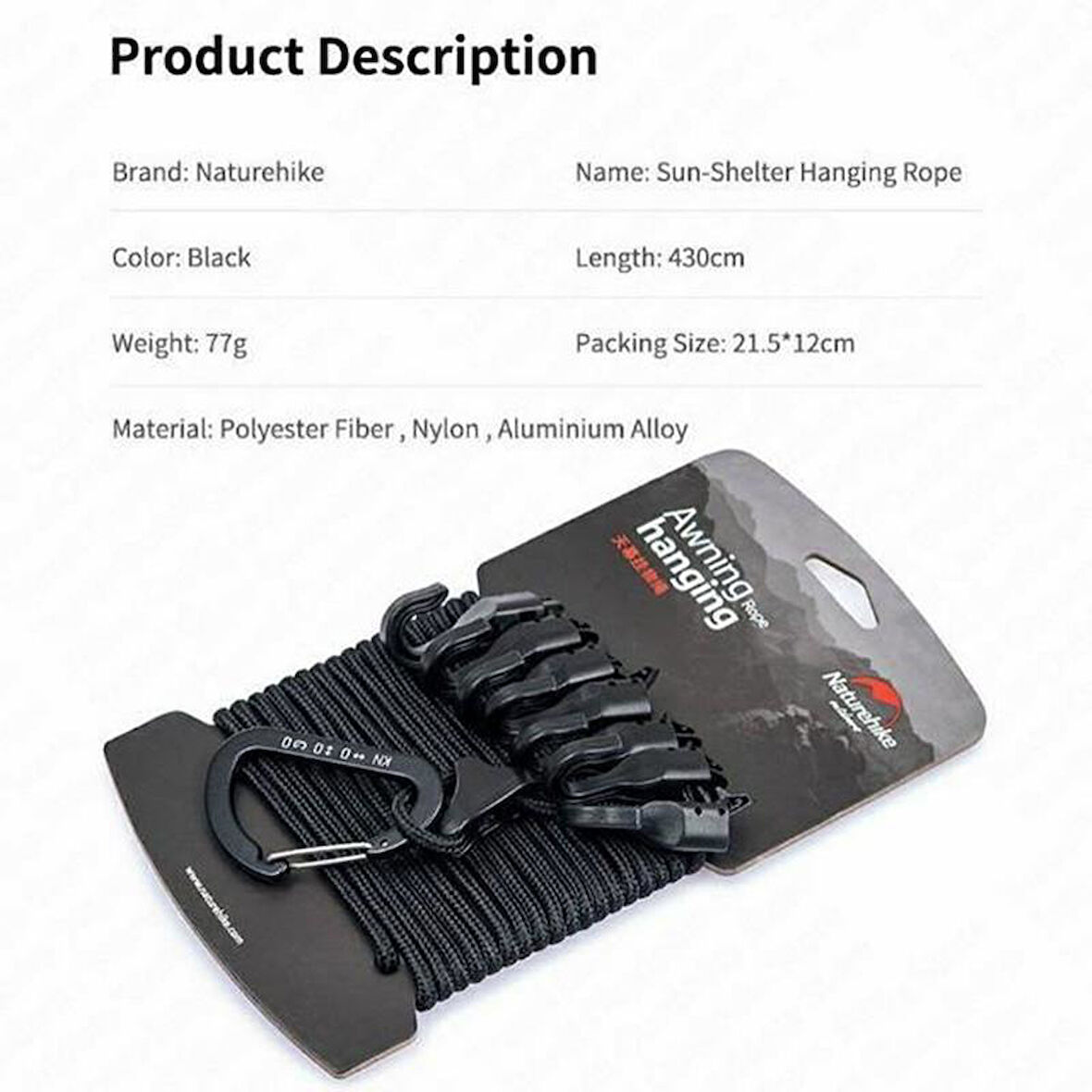 Naturehike Çok Fonksiyonlu Kancalı Ayarlanabilir Asma İpi 4.3 mt Dark Grey