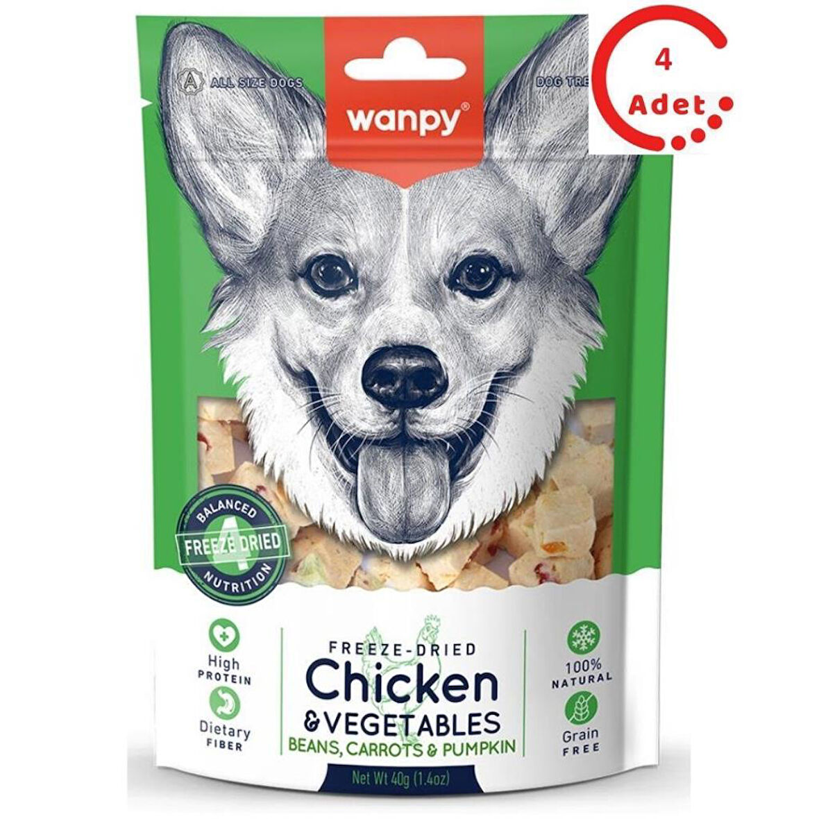 Wanpy Köpek Dondurularak Kurutulmuş Tavuk Sebze Köpek Ödülü 40 Gr x 4 Adet