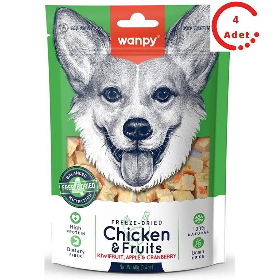 Wanpy Dondurularak Kurutulmuş Tavuk & Meyve Köpek Ödülü 40 g x 4 Adet