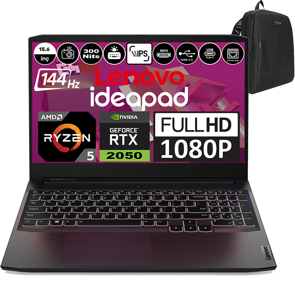Lenovo Ideapad Gaming 3 Amd Ryzen 5 5500H Ddr4 16GB 512GB SSD RTX2050-4GB Freedos 15.6" IPS 144HZ Taşınabilir Bilgisayar 82K202BRTXF01 + Weblegelsin Çanta