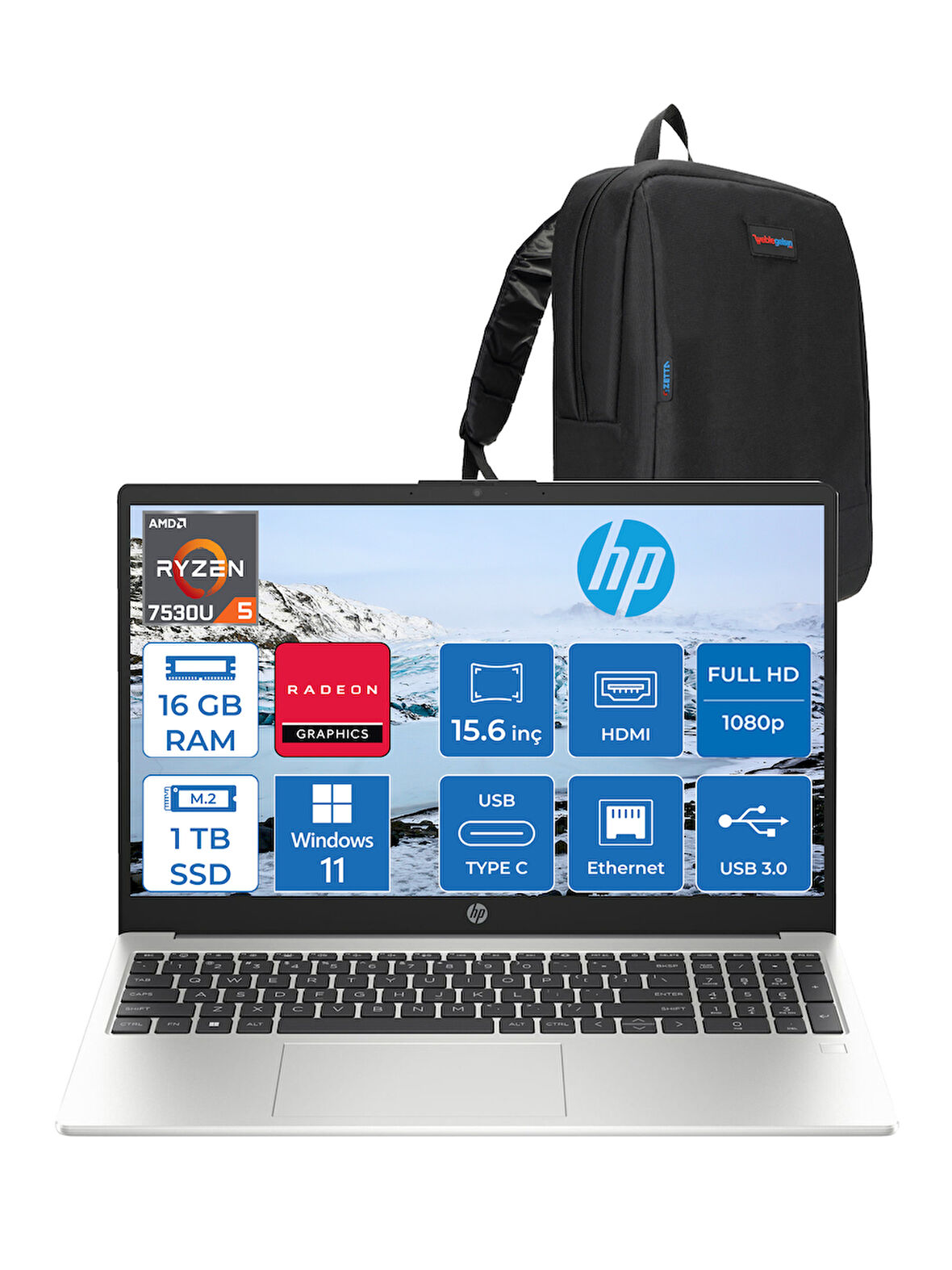 Hp 255 G10 Amd Ryzen 5 7530U 16GB 1tb SSD Amd Radeon Grafik Windows 11 Pro 15.6" Taşınabilir Bilgisayar 9G1G0ETP08 + Zetta Çanta