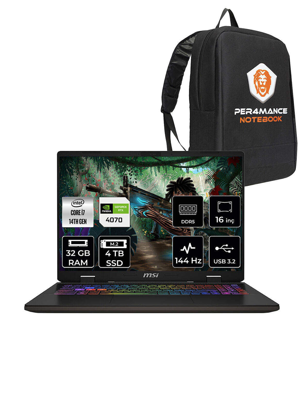 MSI SWORD 16 HX i7-14650HX 32GB 4TB SSD RTX4070/8GB 16" FHD+ 144HZ FDOS B14VGKG-473XTR & PER4 ÇANTA