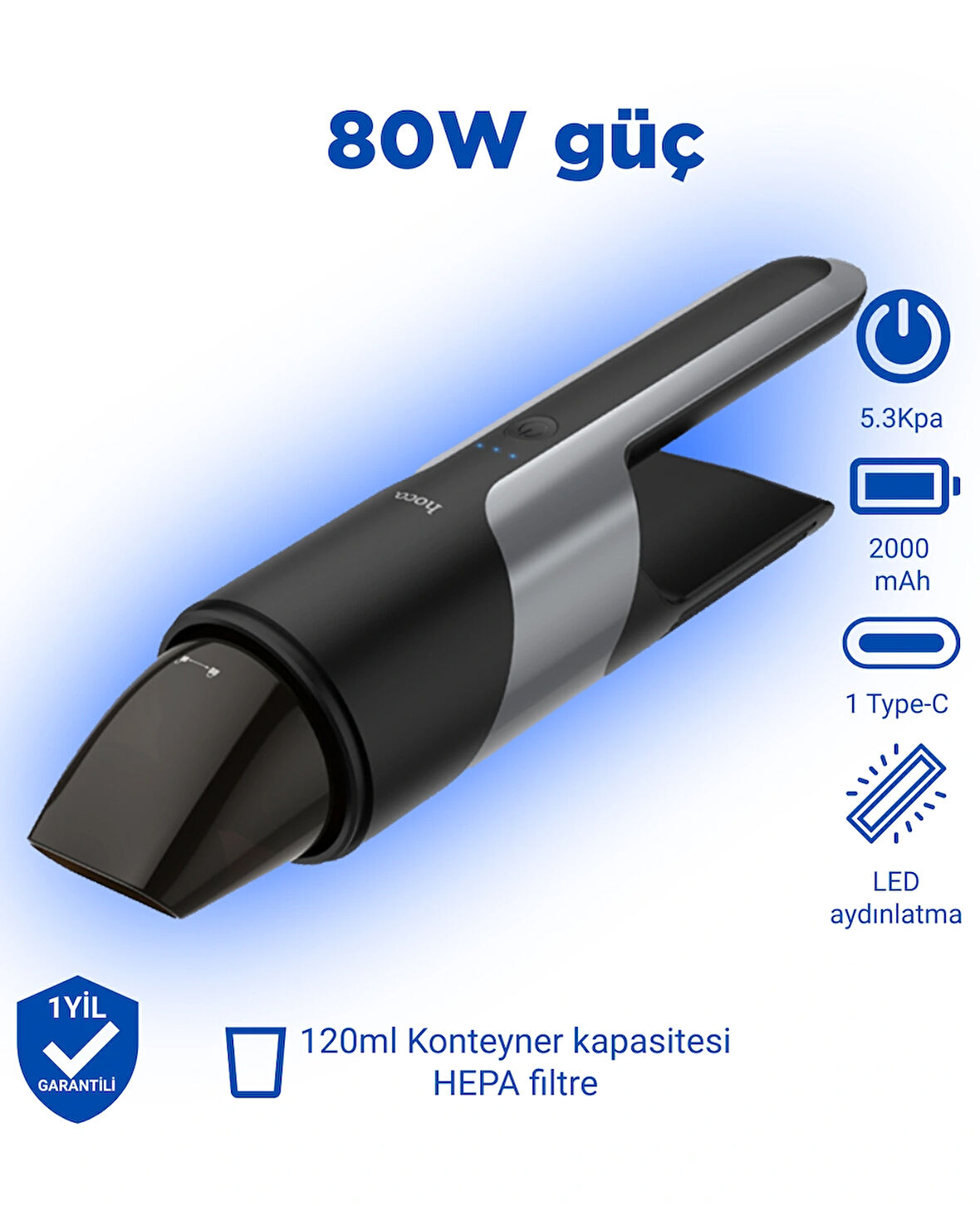 PH16 Azure taşınabilir elektrikli araç süpürgesi 80W güç 2000mAh pil HEPA sınıfı filtre elemanı