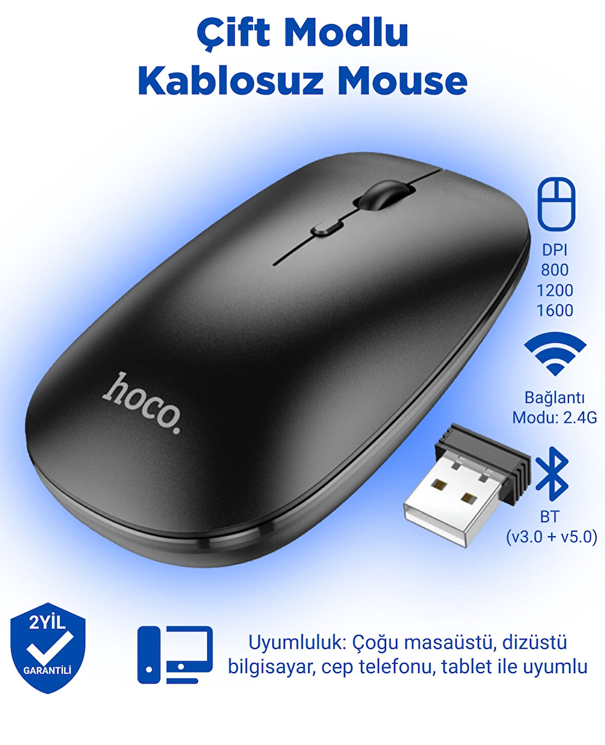 GM15 Art, Çift Modlu Kablosuz Mouse, 2.4G / BT v3.0 + v5.0 Bağlantı, 800 / 1200 / 1600 DPI, 4D Düğme