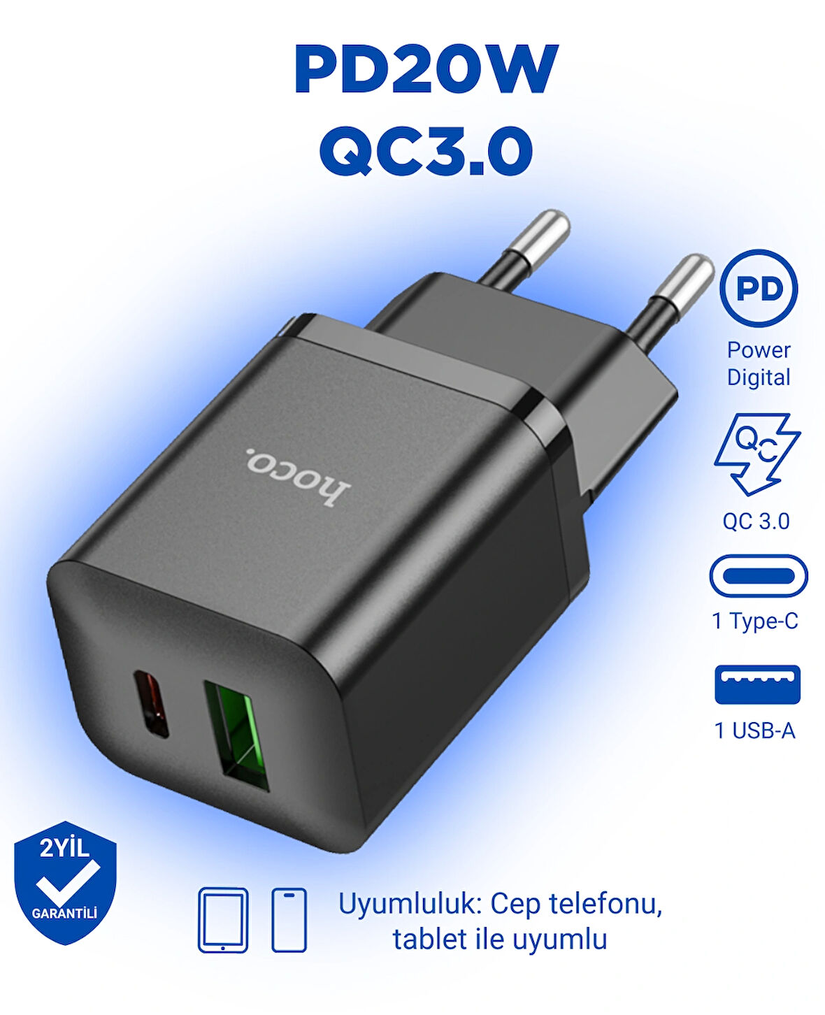 Hoco N28 Founder Tek Type-C 20W ve Tek Usb-A 18W Portlu Şarj Adaptörü