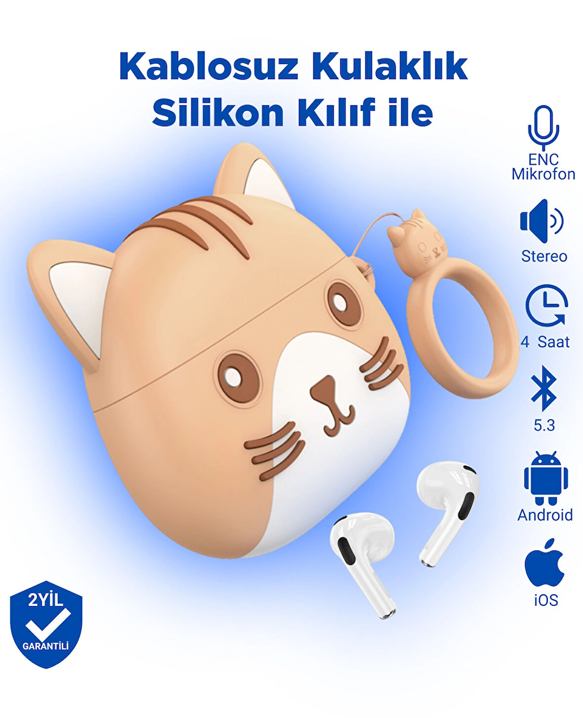 Ew46 Pro Ios Android Uyumlu Tws Bluetooth 5.3 Kablosuz Kulaklık Silikon Kedi Desenli Kılıf Ile Bej