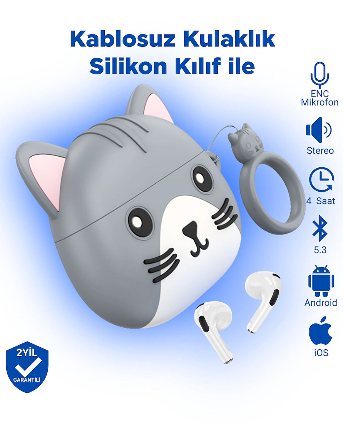 Ew46 Pro Ios Android Uyumlu Tws Bluetooth 5.3 Kablosuz Kulaklık Silikon Kedi Desenli Kılıf Ile Gri
