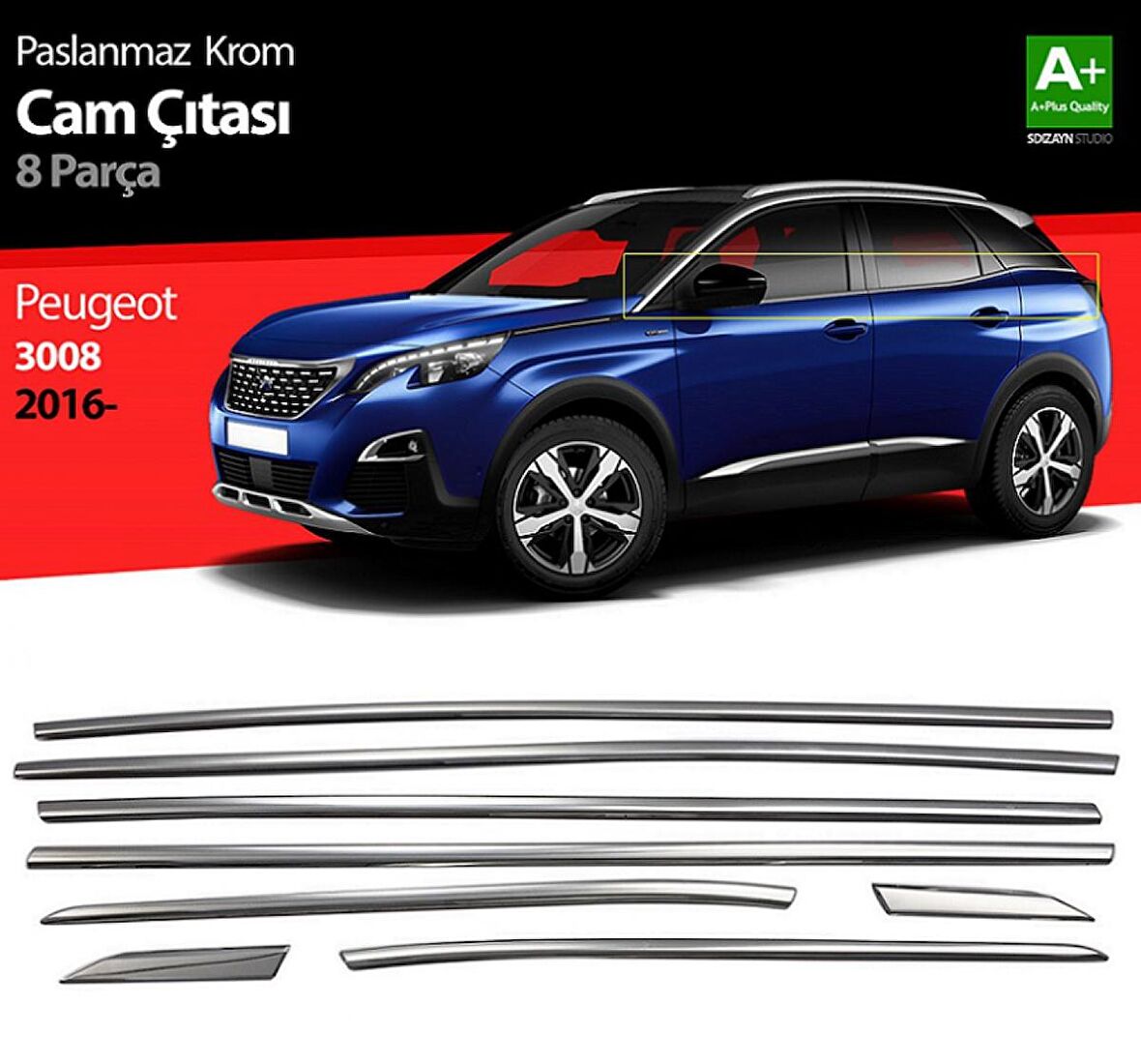 S-Dizayn Peugeot 3008 Krom Cam Çıtası 8 Prç. 2016 Üzeri