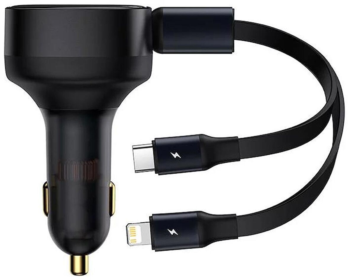 Baseus 2in1 Makaralı 30W Hızlı Şarj Type-C + Lightning iPhone Araç Şarj Cihazı