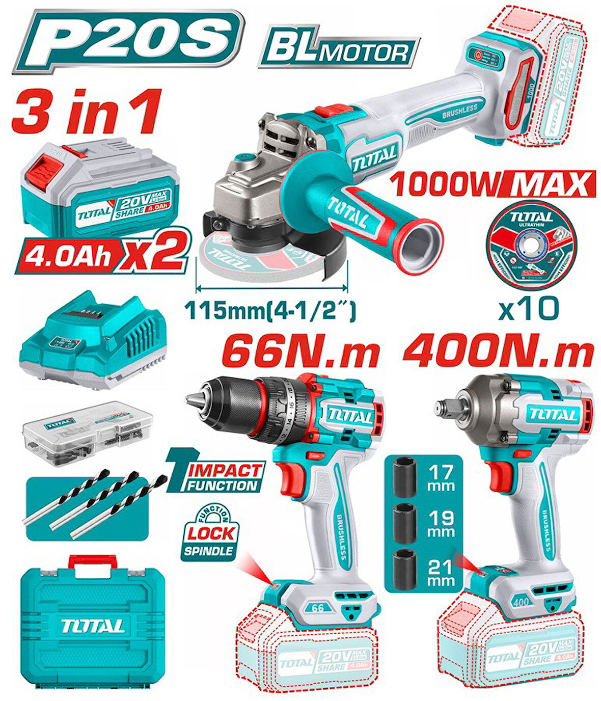 Total Akülü Set 3'lü - Darbeli Matkap + Avuç Taşlama + Somun Sıkma + 2x4 Ah Set TOSLI241291E 