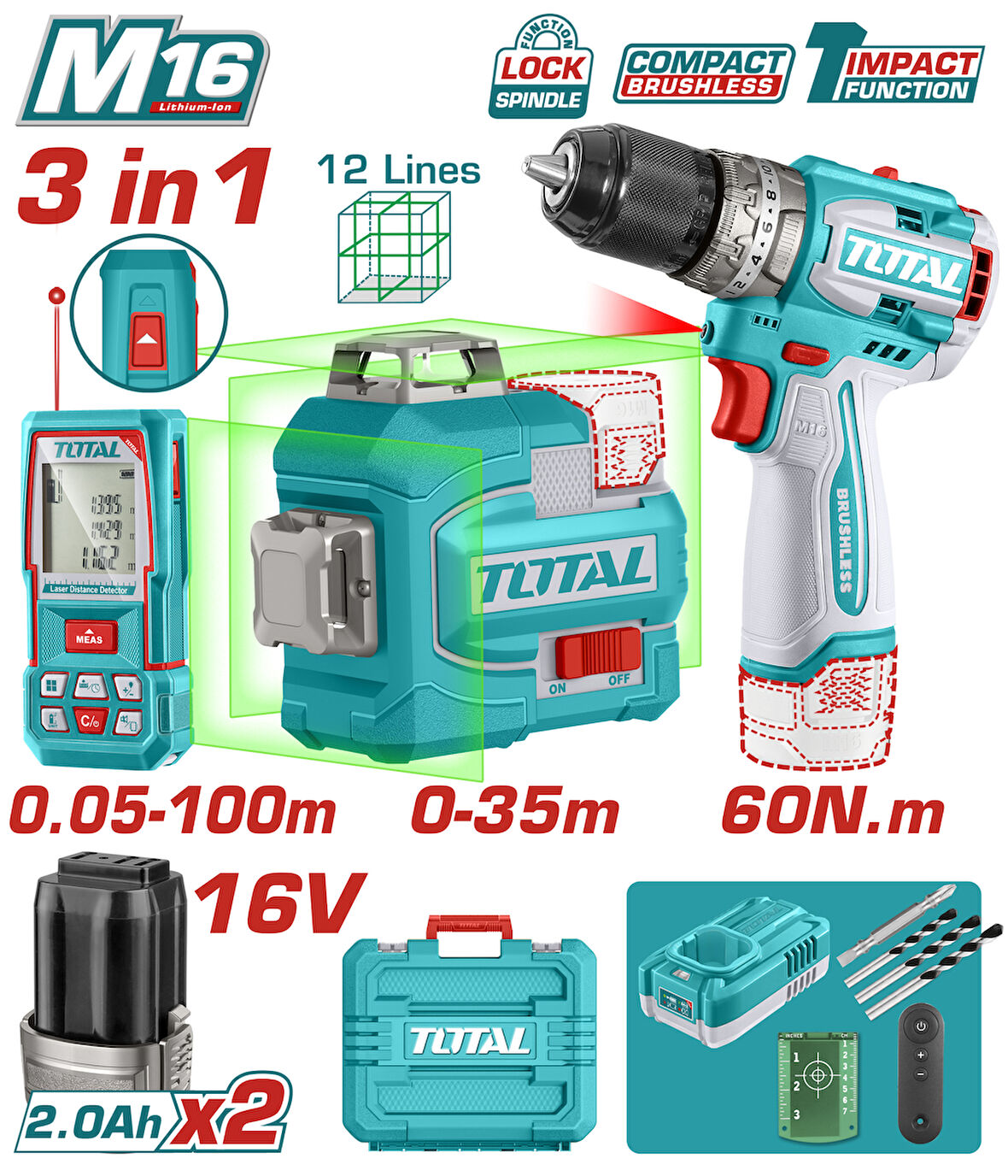 TOTAL AVANTAJ SET - 16V DARBELİ MATKAP, 16V 100M LAZER METRE TOSLI250101E