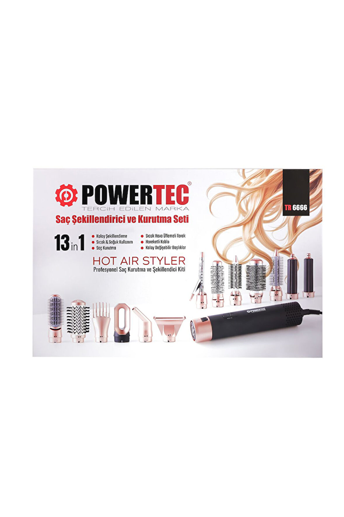 Powertec TR-6666 Ionic Series AirWrap Multi-Styler Saç Şekillendirici & Kurutma 13in1 Profesyonel Set