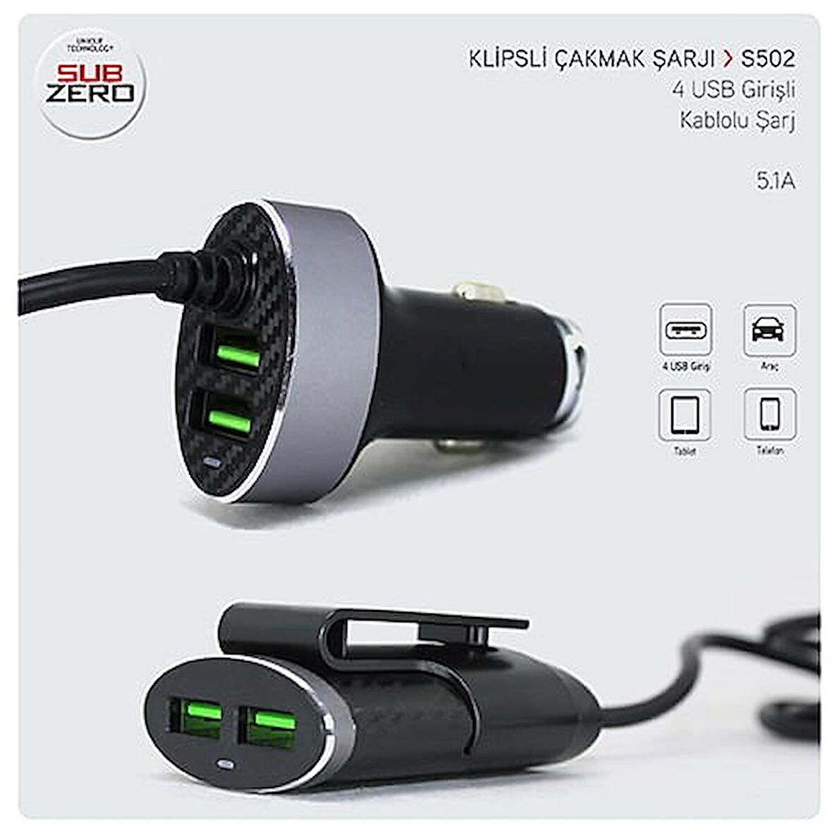 4 USB Girişli 5.1A Klipsli (Uzatmalı) Araç Şarj Cihazı Subzero S502