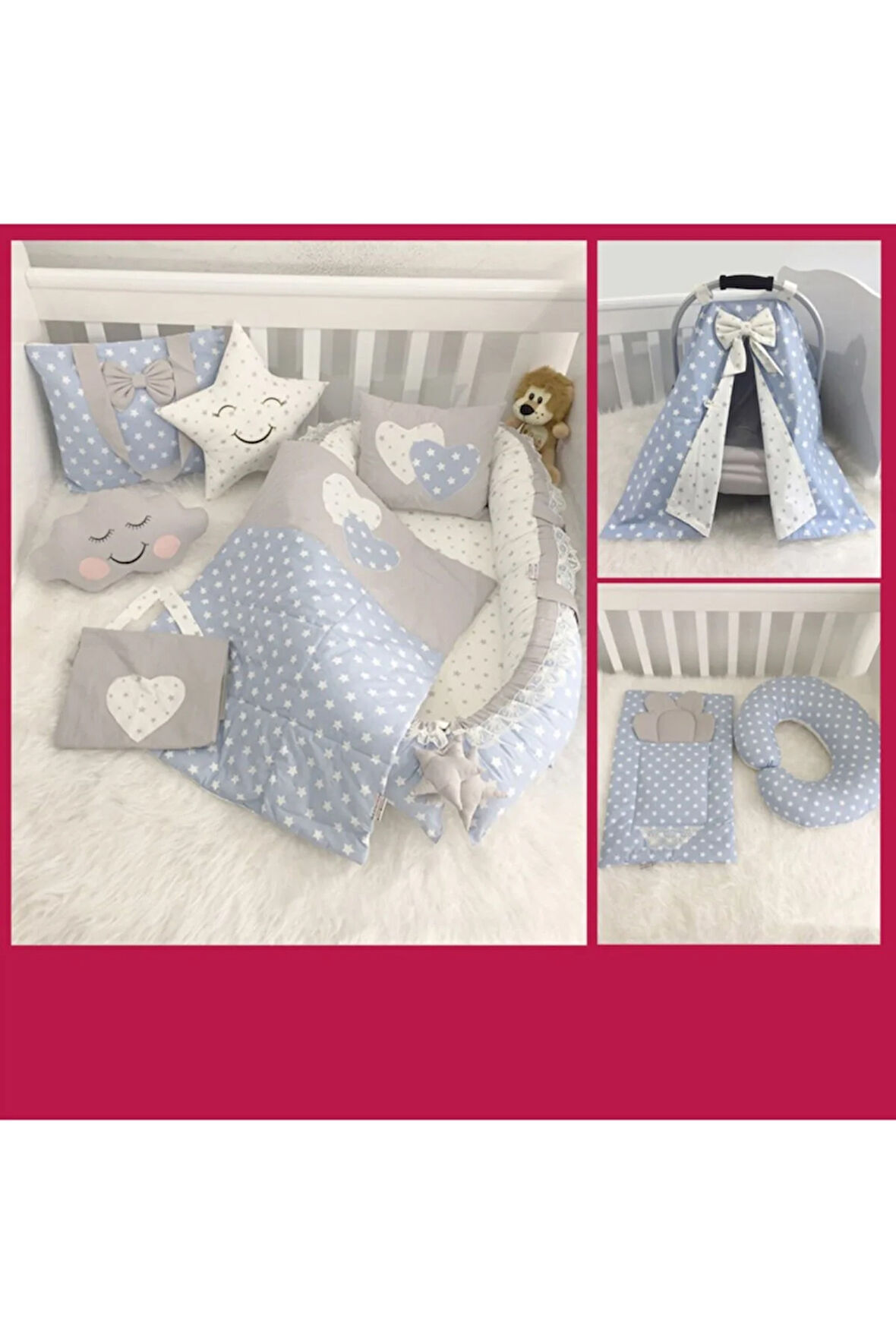 Nest Mavi Ve Gri Yıldızlı 11 Parça Full Set Lüx Jaju-babynest Anne Yanı Bebek Yatağı