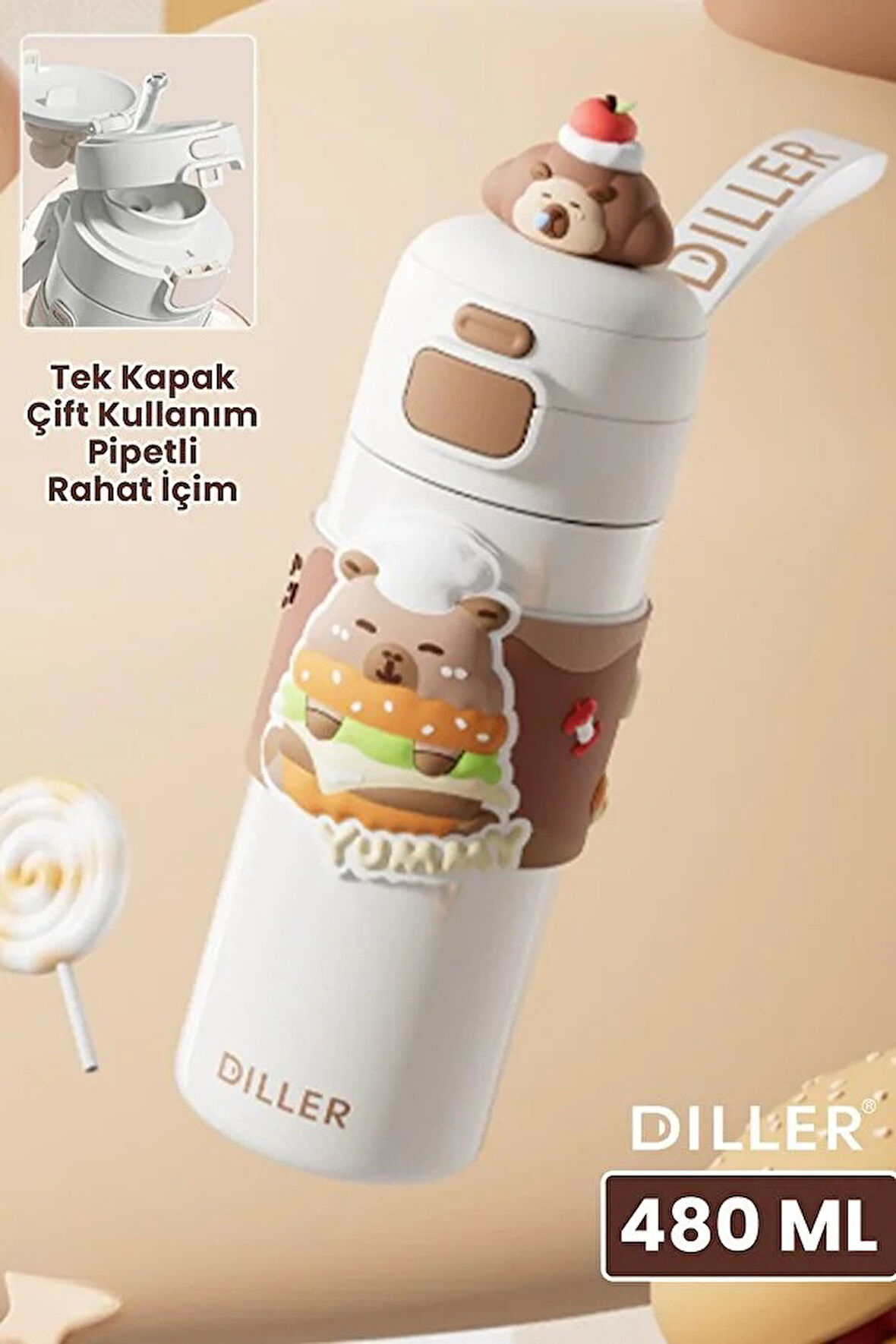 Vagonlife Diller D9351 480ml Çift Kullanım Pipetli Çelik Matara