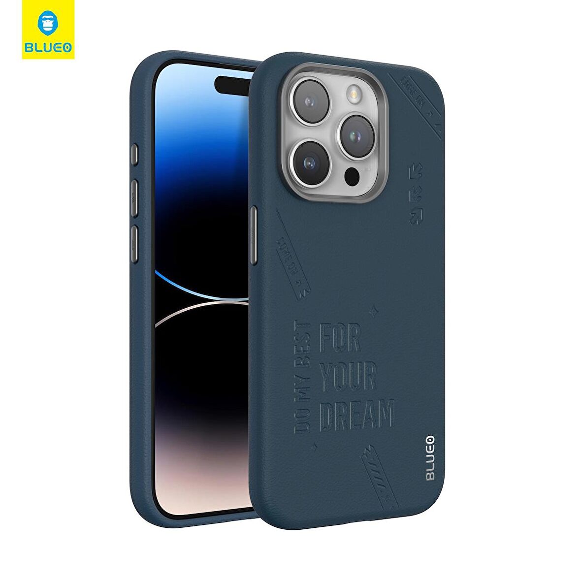 Blueo iPhone 15 Pro Uyumlu Lacivert Deri Punk Premium Telefon Kılıfı