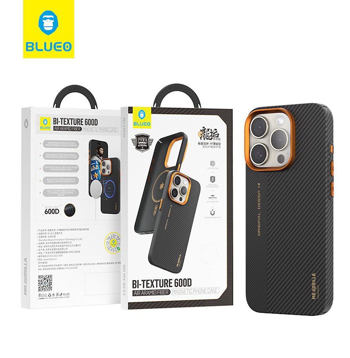 Blueo iPhone 15 Pro Max Uyumlu Turuncu 2024 Air Aramid Fiber Magnetic Bi-Texture 600 D Telefon Kılıf