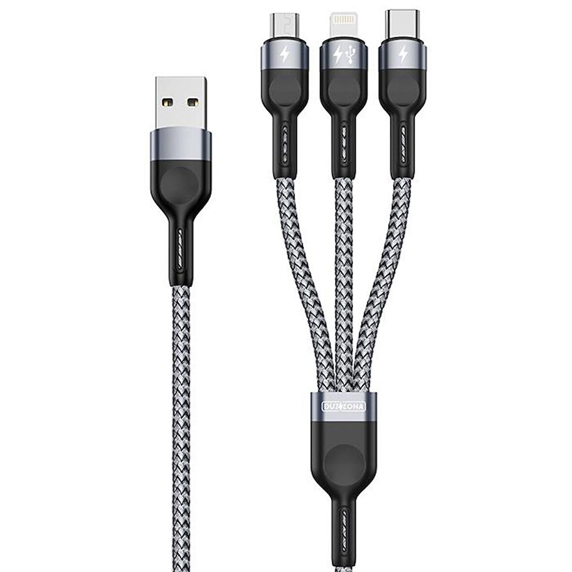 Duzzona A3 3in1 Type-C + iPhone Lightning + Micro USB 3A Hızlı Şarj Kablosu 1.3m