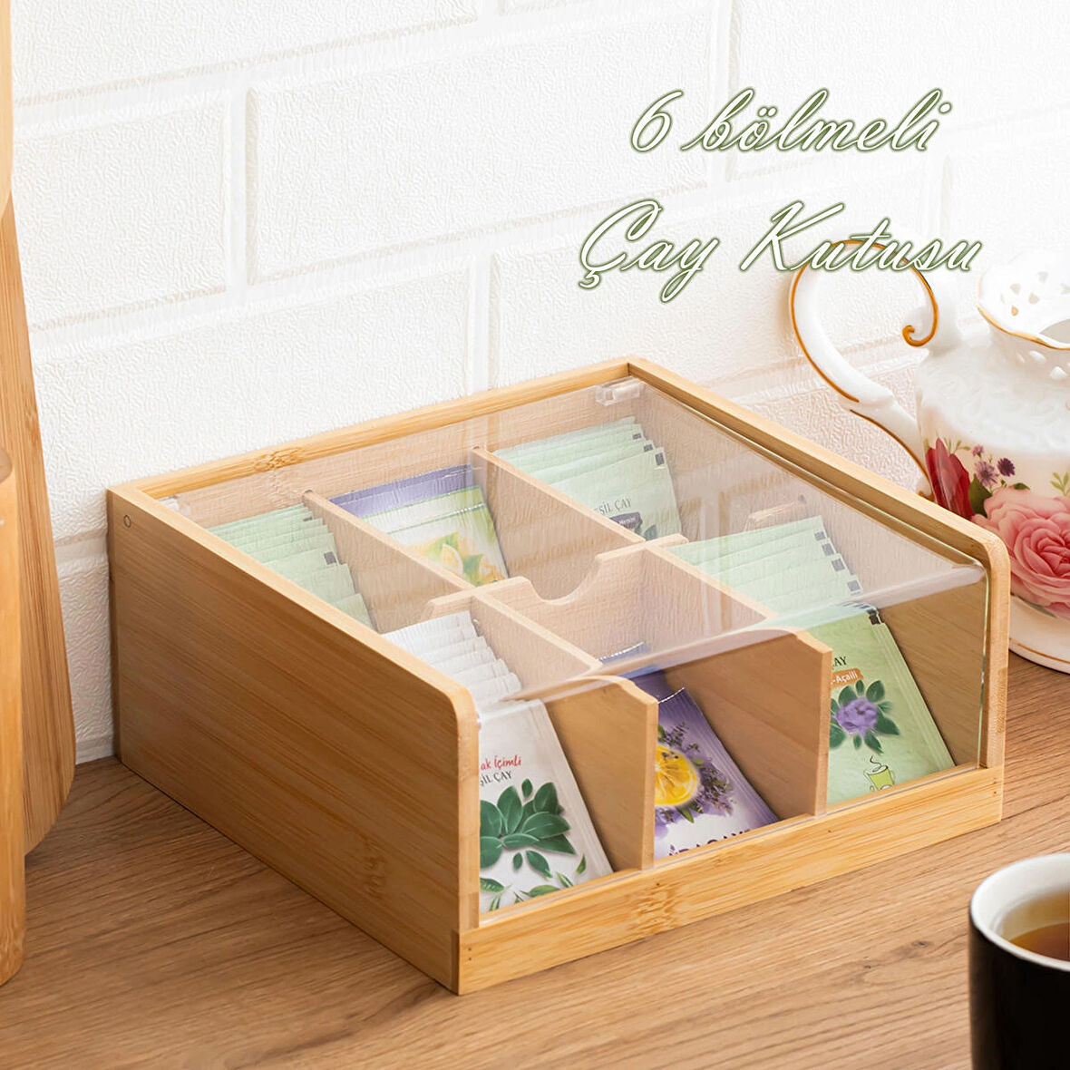 Porsima Home 005 Ahşap Bambu 6 Bölmeli Organizer Poşet Çay Kutusu Sallama Çay Kutusu