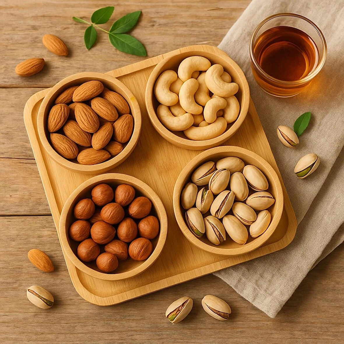 Dekorasyaa Bambu Çok Amaçlı Çerezlik ve Kahvaltılık - Sunum Tepsili - 4lü Yuvarlak