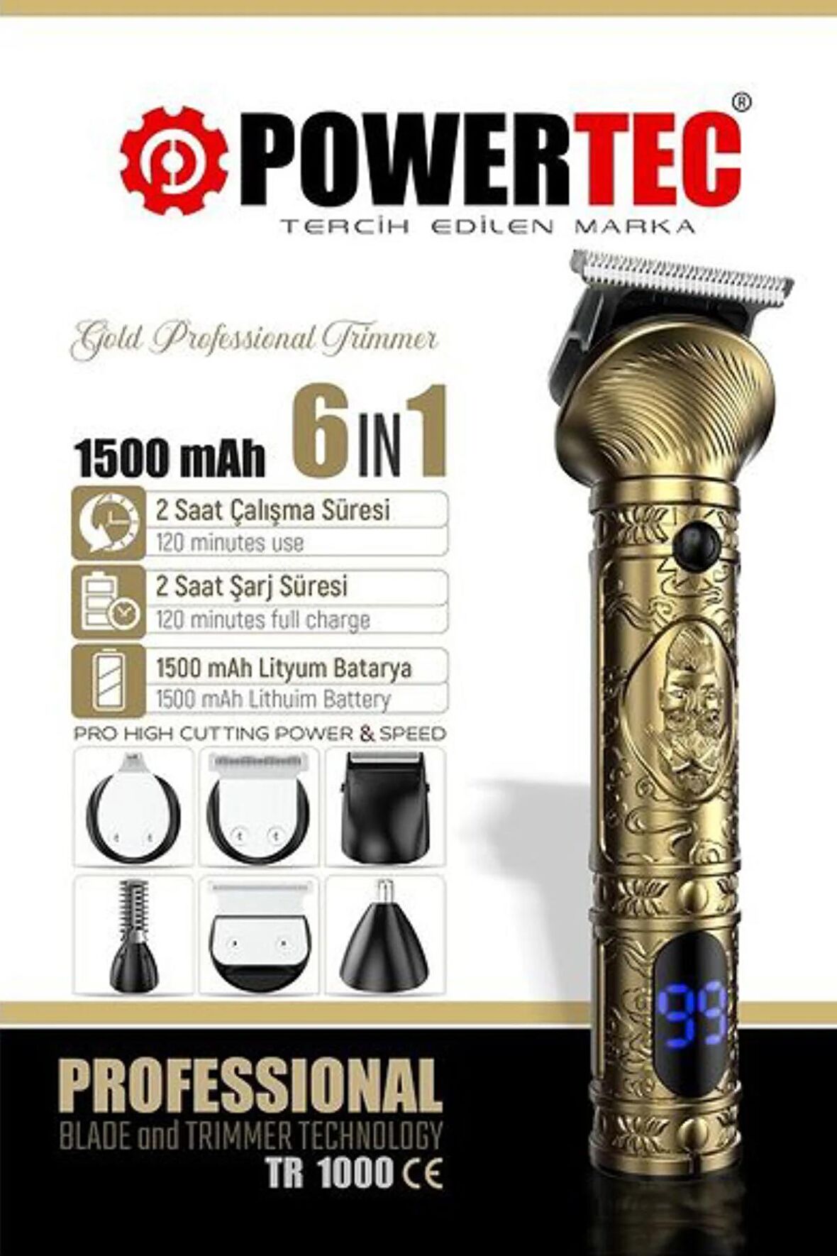 Powertec TR-1000 Profesyonel Tıraş Makinesi 6'sı 1 Arada Bakım Kitli