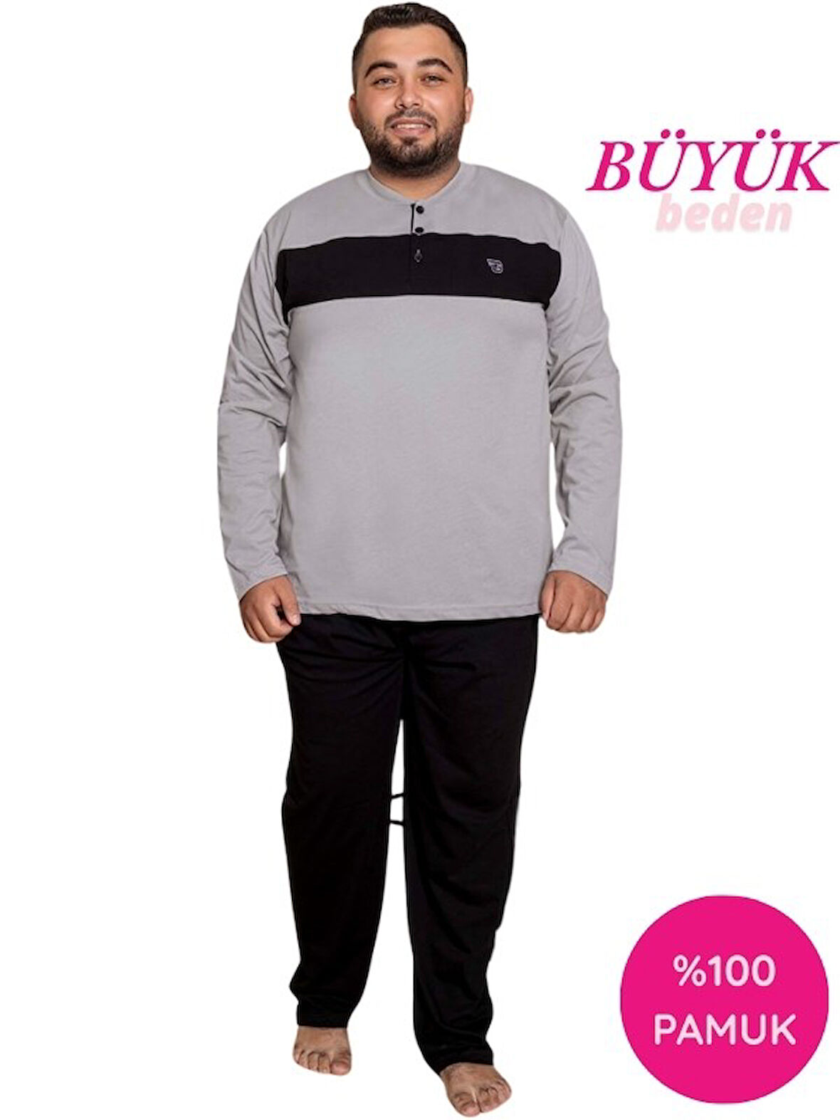 Erkek Büyük Battal Beden Desenli 3 Düğmeli %100 Pamuk Mevsimlik Uzun Kol Cepli Pijama Takımı