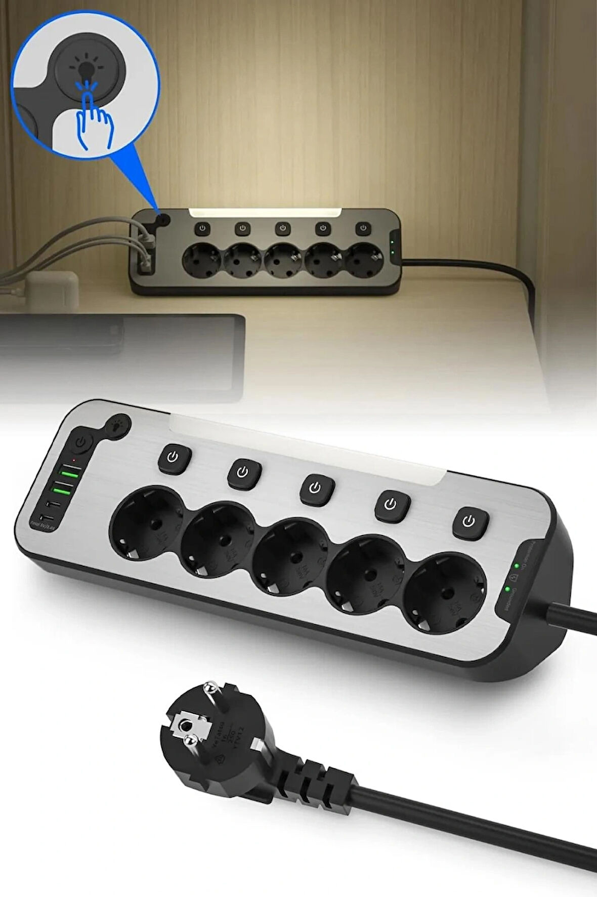 Bağımsız Anahtarlı 5'li Işıklı Akım Korumalı Çoklu Priz, 2x USB - 2x Type-C Giriş, Metal Ön Panel