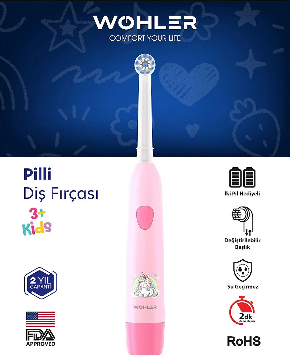 Wohler Değiştirilebilir Başlıklı Pilli Kız Çocuk Diş Fırçası 3+ , Fda Onaylı