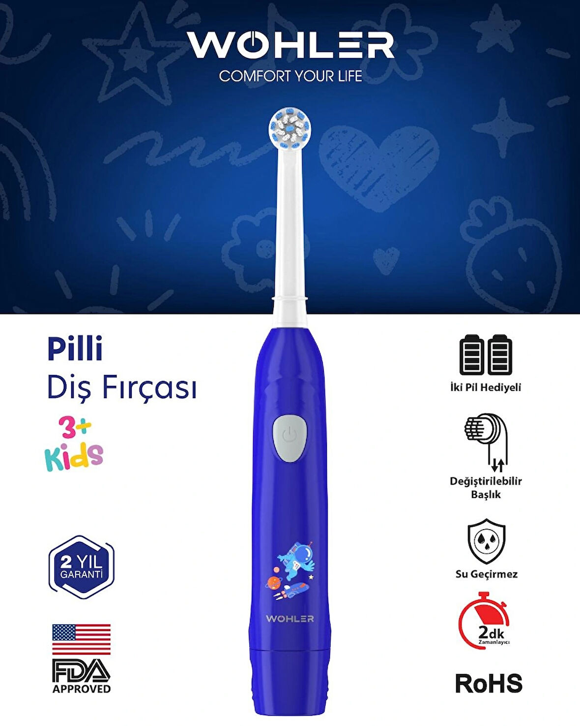 Wohler Değiştirilebilir Başlıklı Pilli Erkek Çocuk Diş Fırçası 3+ , FDA Onaylı