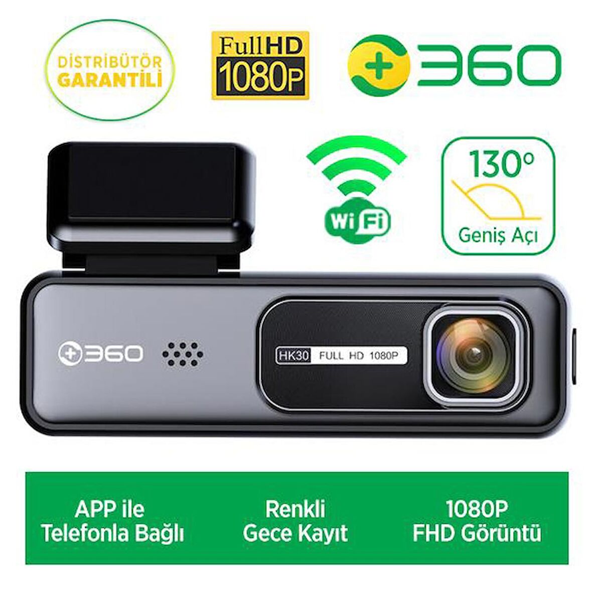 360+ HK30 WiFi 1080P 130° Geniş Açı Gece Görüşlü Akıllı Araç İçi Kamera