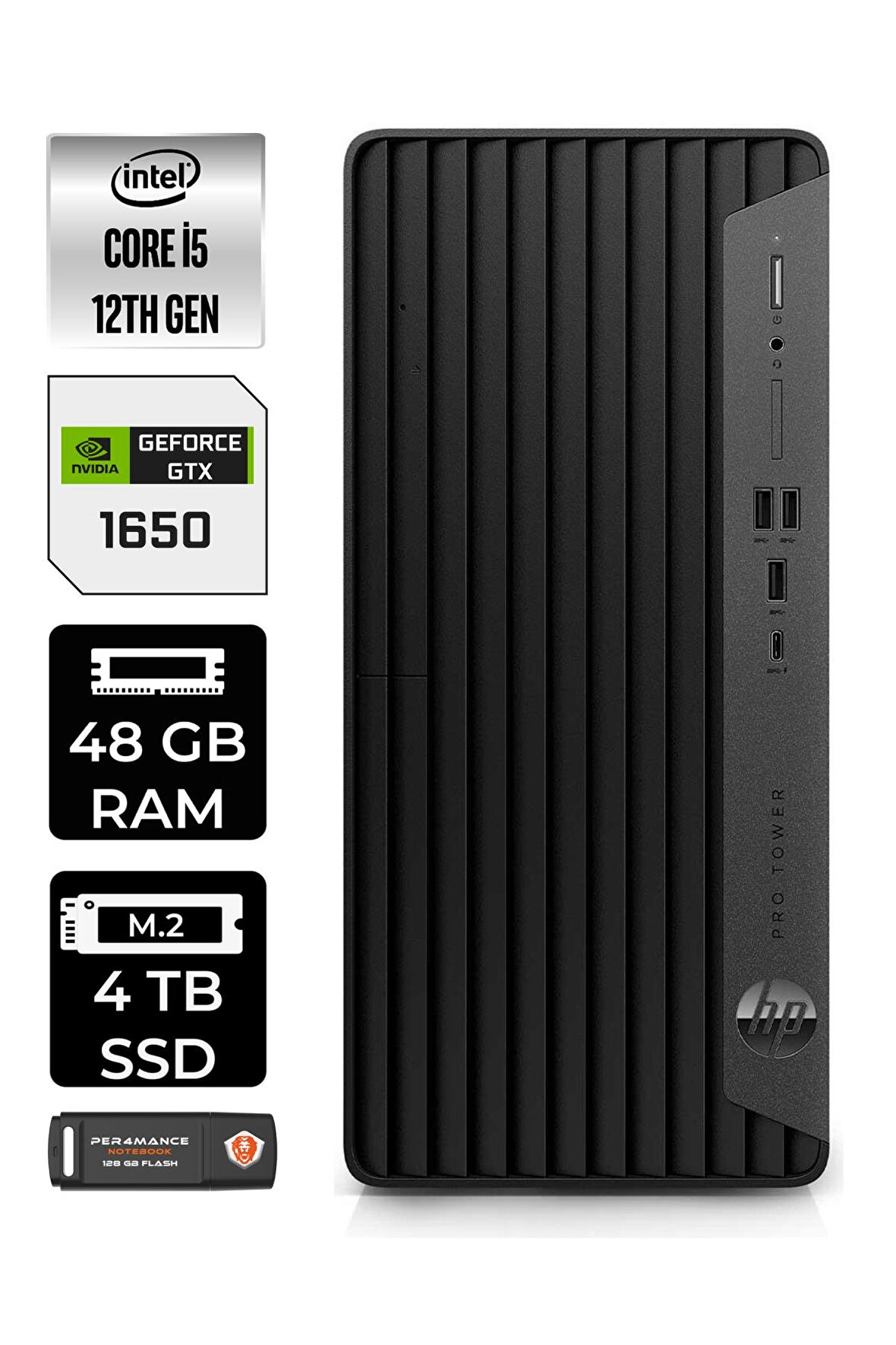 HP PRO TOWER 400 G9 i5 12400 48GB RAM 4TB SSD GTX1650/4GB W11HOME 6U3M8EA MASAÜSTÜ PC & PER4 BELLEK