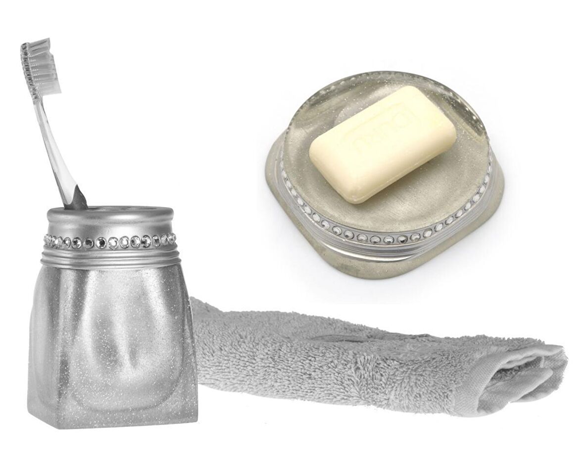 SABUNLUK DİŞ FİRCALİK 2Lİ  BANYO SETİ,KRİSTAL TAŞLI GÜMÜŞ POLİRESİN