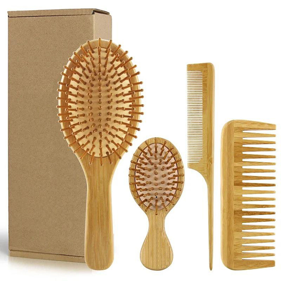 4 Parçadan Oluşan %100 Bambu Doğal Fırça Tarak Seti