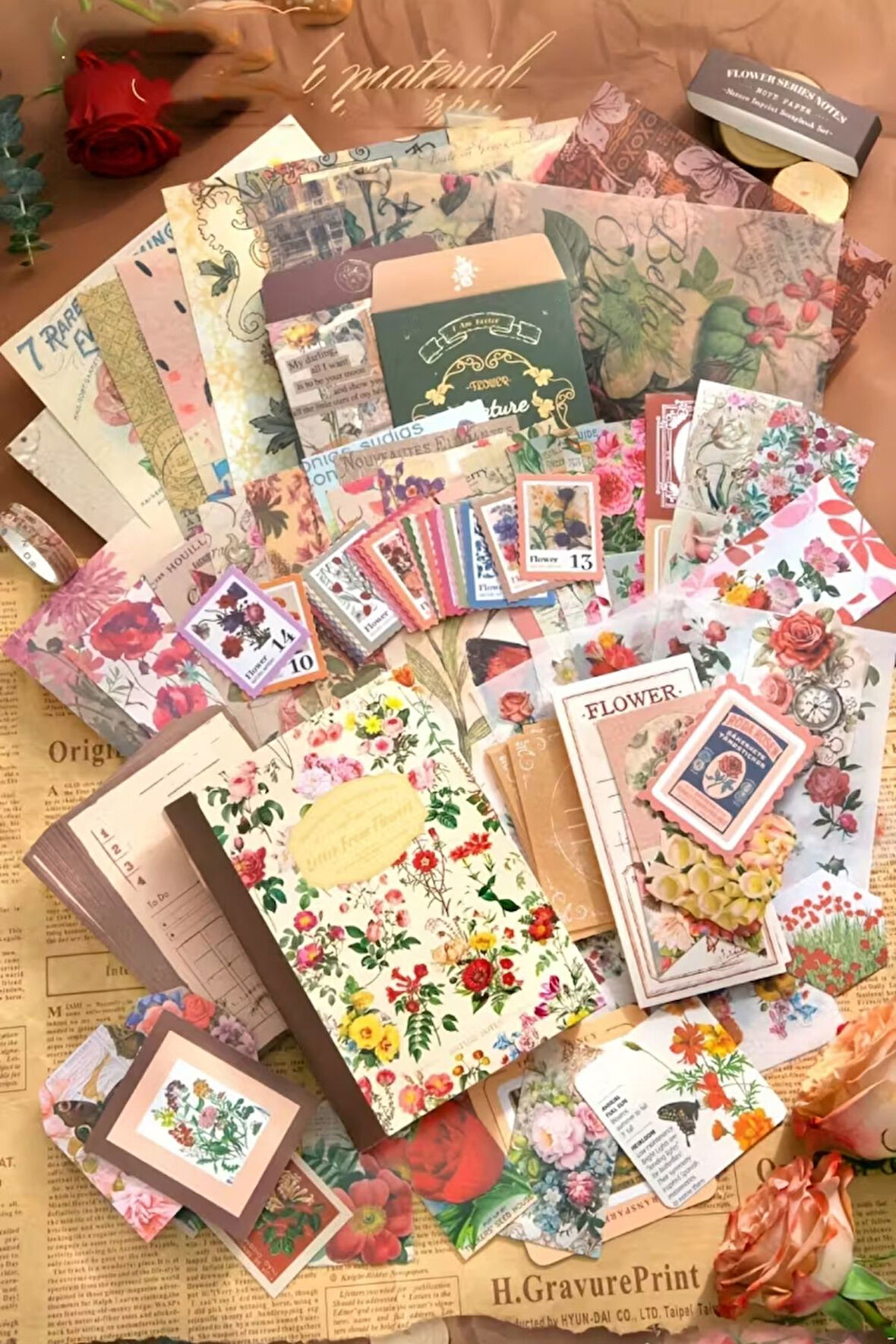 Vintage Journal Defter Hediye Seti, 153 Parça Scrapbook Set (Flower Serisi)
