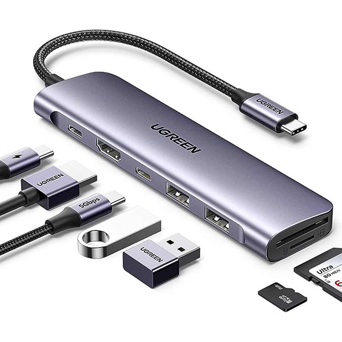 Ugreen USB C to 4K HDMI 100W PD 2*USB-A SD Micro SD Kart Okuyucu Dönüştürücü Çoklayıcı Hub